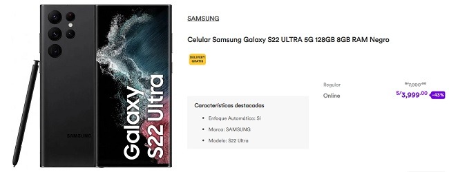 Comprar Celular Samsung Galaxy S22 ULTRA 5G 128GB 8GB RAM Negro Black Friday 2022 Real Plaza Perú