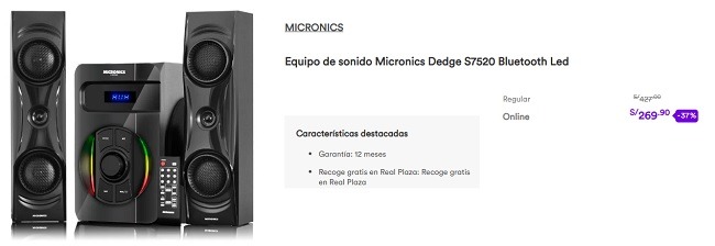 comprar equipo de sonido Micronics Dedge S7520 Bluetooth Led Black Friday 2022 Real Plaza Perú
